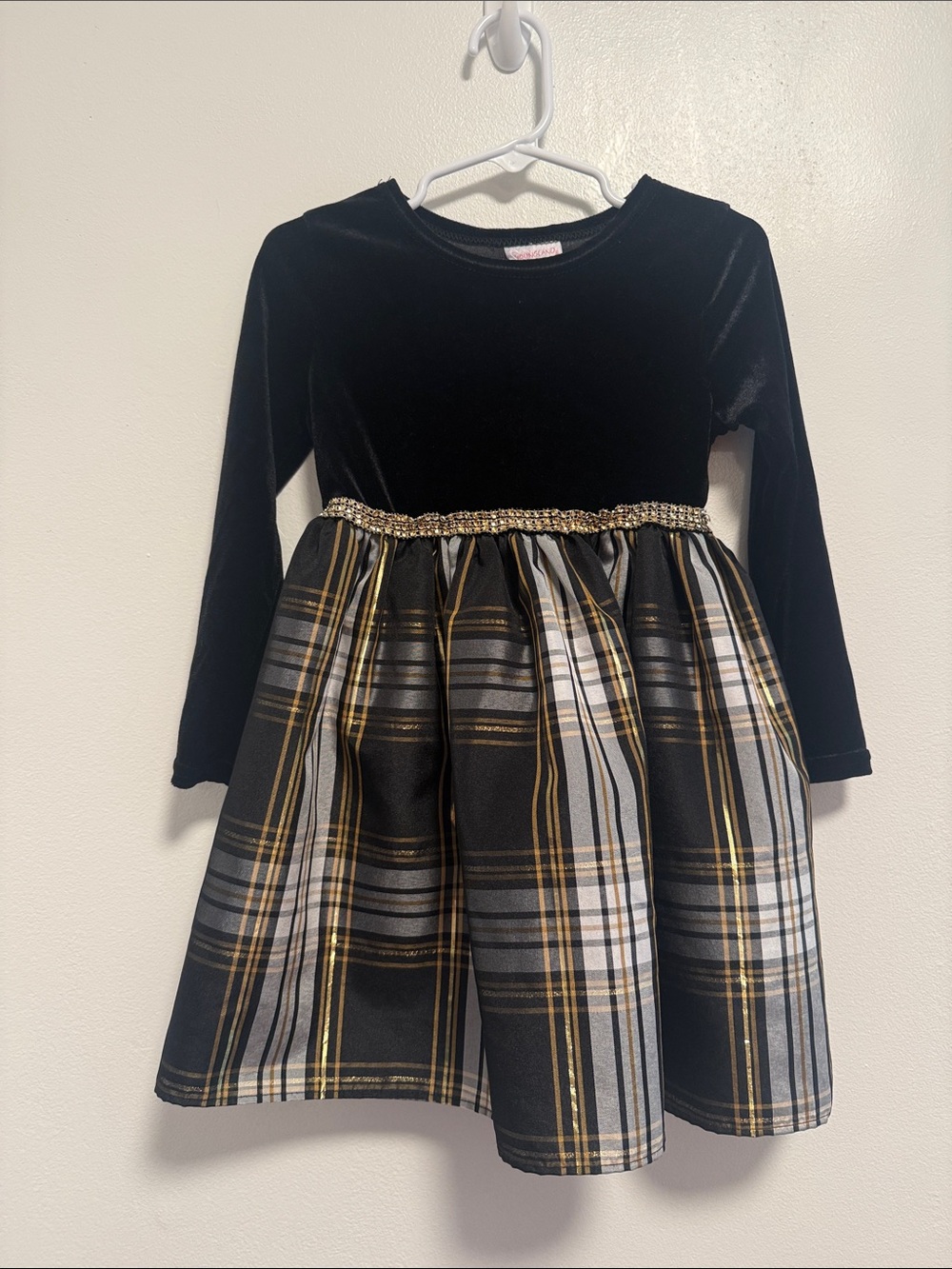 Youngland Black Velvet Top with Gold-Accented Plaid Skirt Dress